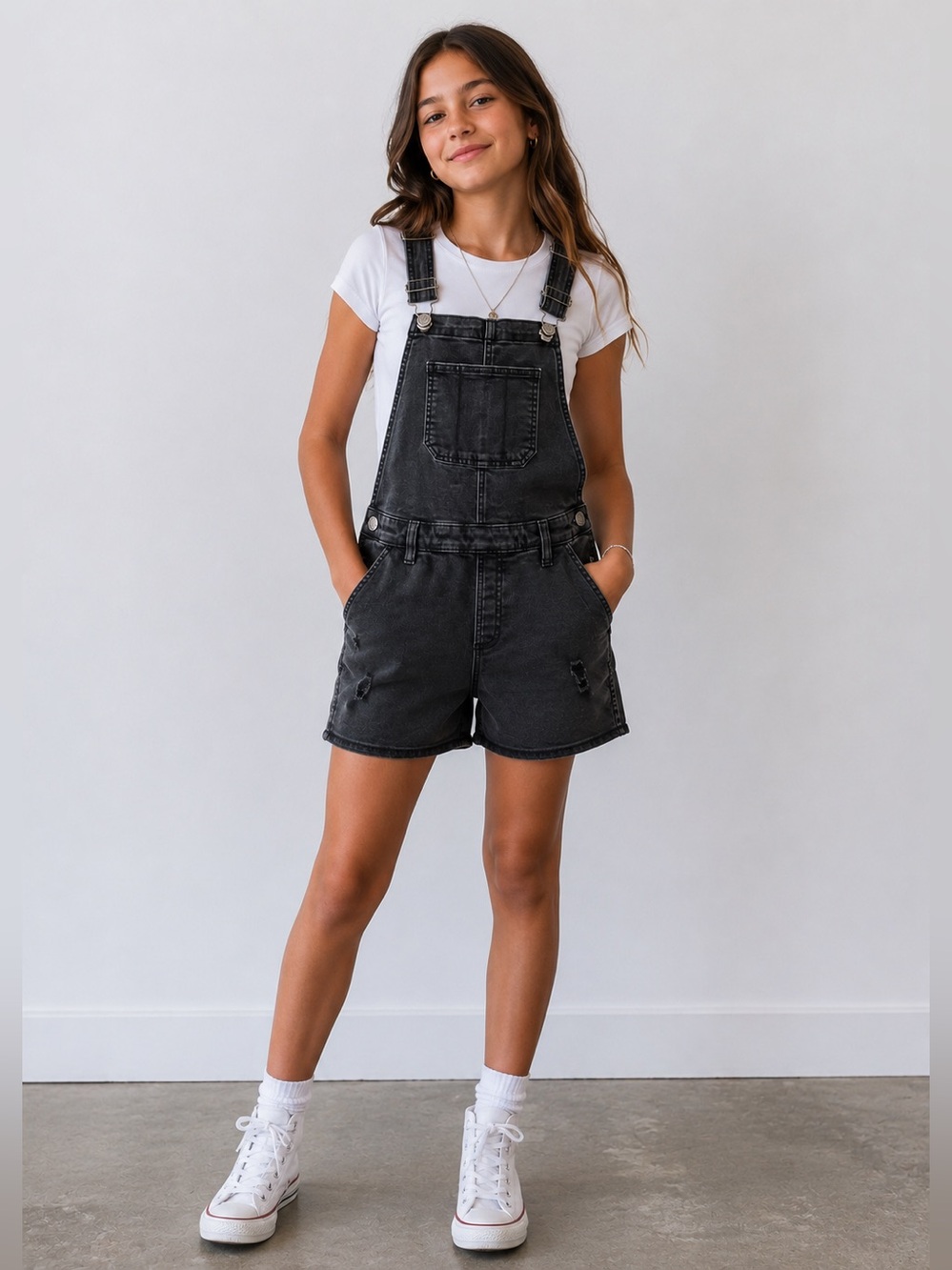 Epic Threads Black Denim Distressed Shortalls‎ Overalls - Girls 14 (Waist 30")